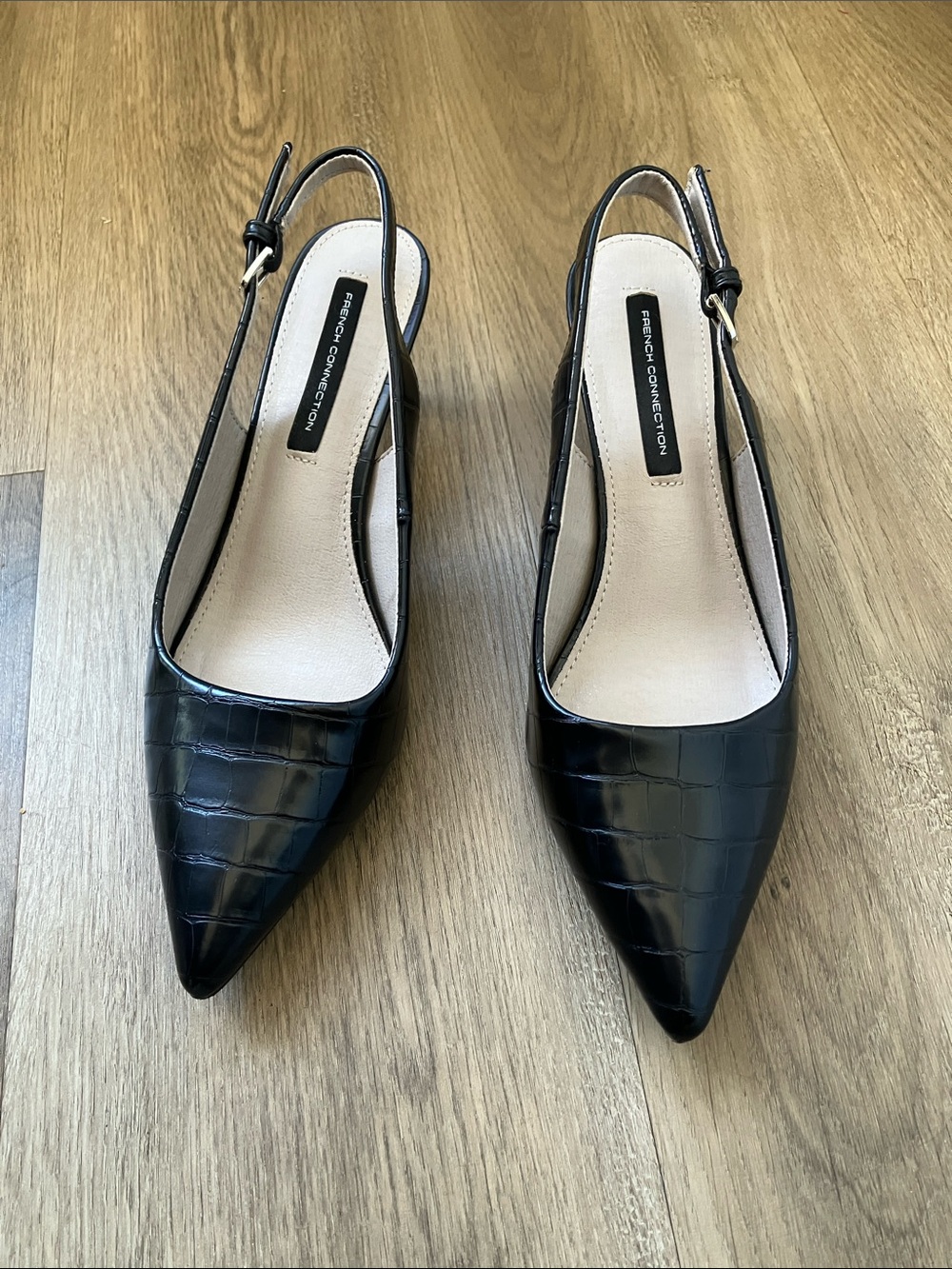 French Connection Black Croc-Embossed Slingback Pointed-Toe Kitten Heels Size 8